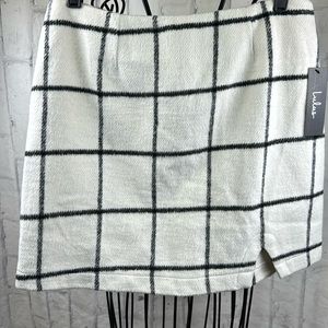 Lulus Plaid Mini Skirt Windowpane Fleece Flannel Wool Blend Notch Hem Back Zip